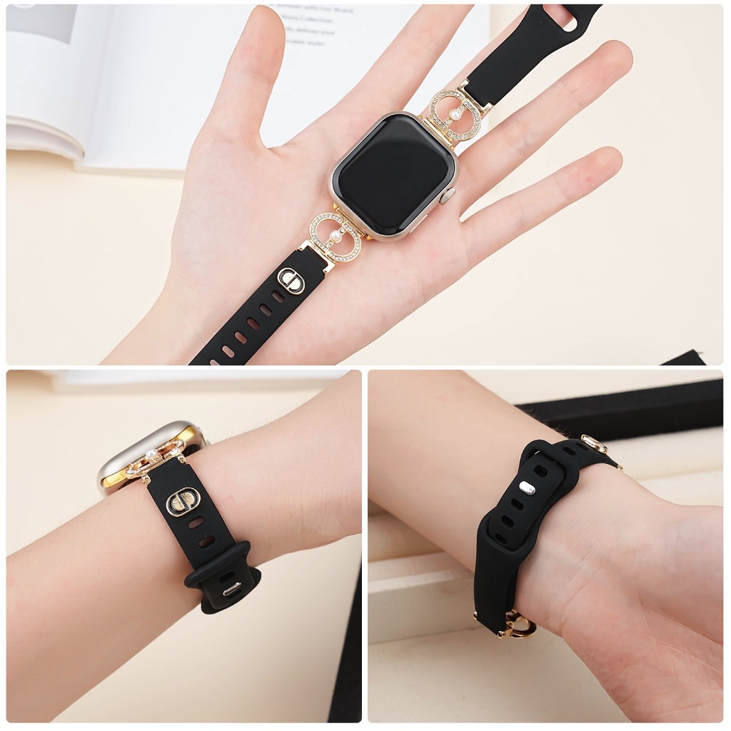 พร้อมส่ง สายยางเส้นเล็ก ประดับเพชร CD ใช้ได้กับ Smart Watch 11 10 9 8 7 6 5 4 3 2 1 Se Ultra WS11min