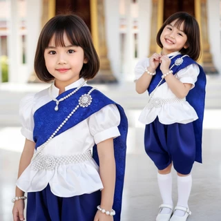 ชุดไทยเด็ก เจ้าฟ้า เซท 3 ชิ้น เสื้อ โจงกระเบน ผ้าพาดไหล่ ผ้าสไบ หญิงแถมกิ้บโบว์