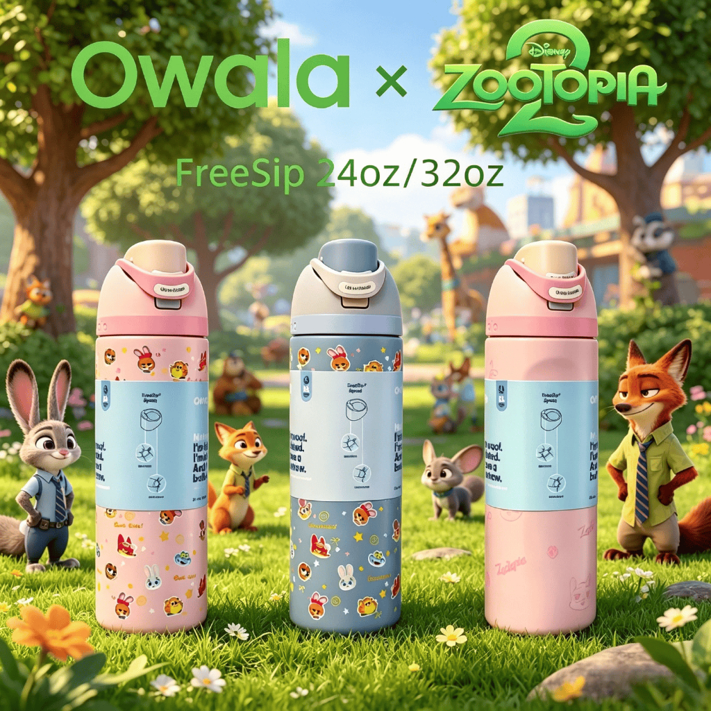 Owala Original FreeSip Zootopia ขนาด 24oz（710ml）แก้วน้ำสแตนเลสเกรด 304 กันรั่ว ทนความร้อนและความเย็น — มีพร้อมส่ง