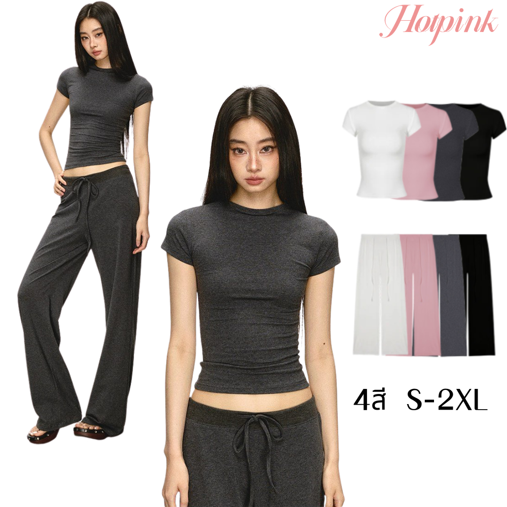 Hotpink ส่งจาก Bangkok🔥ชุดลำลองเรียบง่ายสำหรับผู้หญิงฤดูร้อนขี้เกียจเสื้อยืดแขนสั้นบางตรงกางเกงขากว้างชุดสองชิ้น