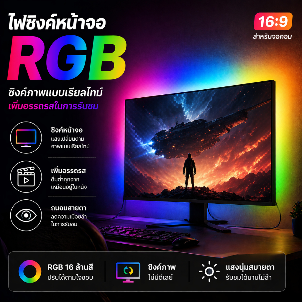 ไฟซิงค์หน้าจอ RGB ไฟ LED ติดหลังจอคอม USB สำหรับเกมมิ่ง แต่งโต๊ะคอม Windows/Mac