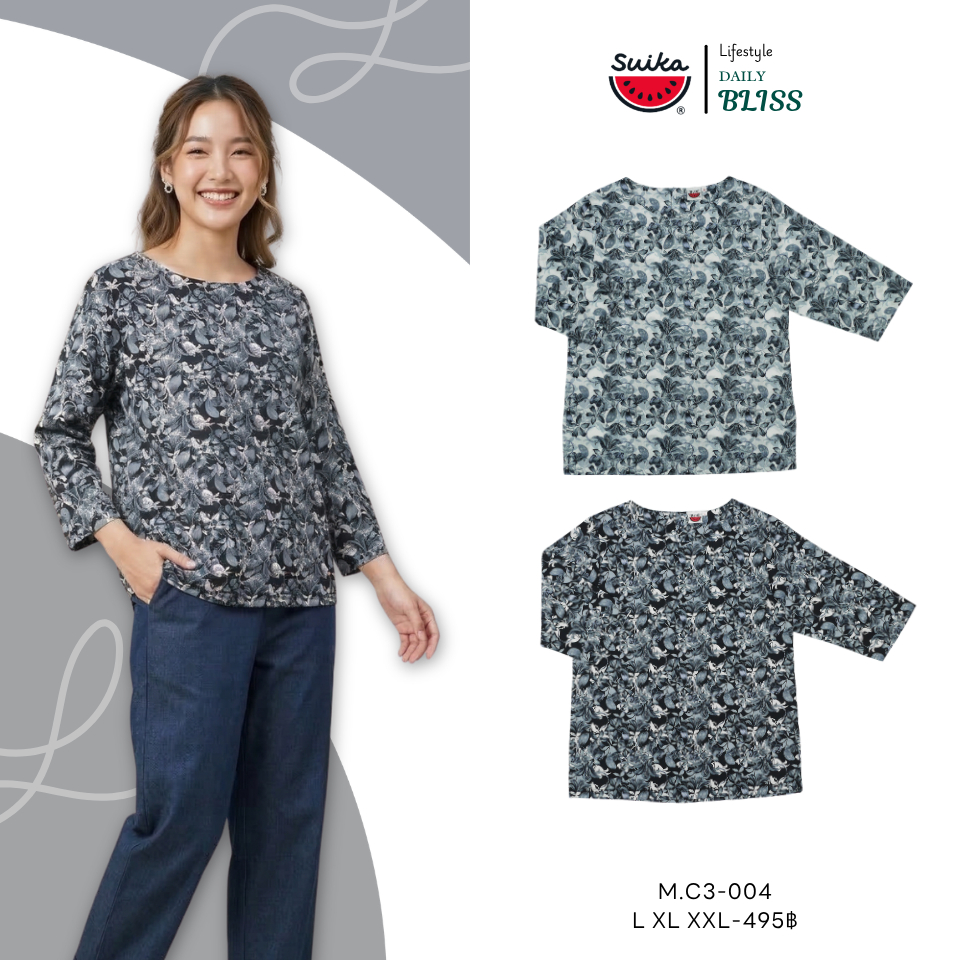เสื้อแตงโม (SUIKA) - เสื้อผ้าป่านมัสลิน คอปาดกระดุมหลัง 3 เม็ด แขนสามส่วน ลายดอกไม้  (M.C3-163 019 004)