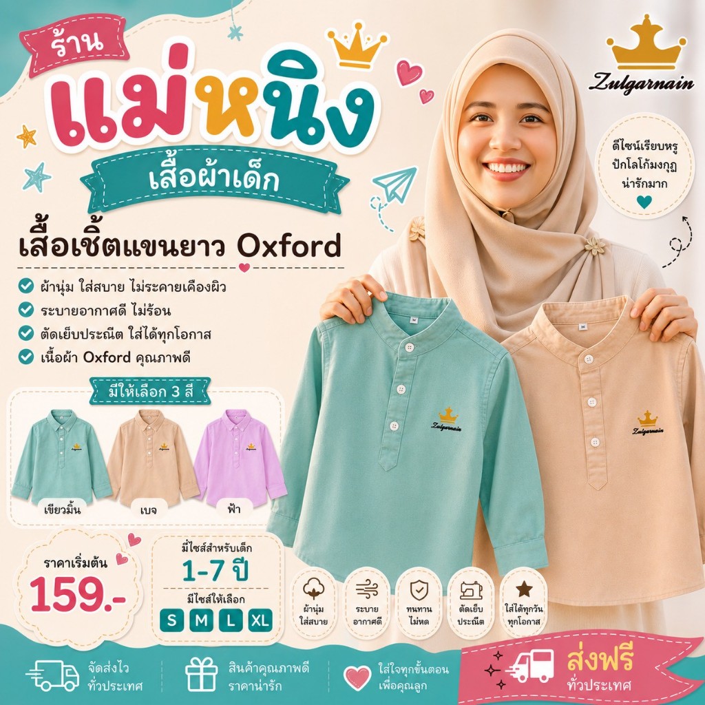 เสื้อเชิ้ตเด็ก คอจีนแขน 5 ส่วน แบรนด์ Zulgarnain  1-8ปี ใส่แล้วดูสุภาพ เรียบร้อย ดูดี