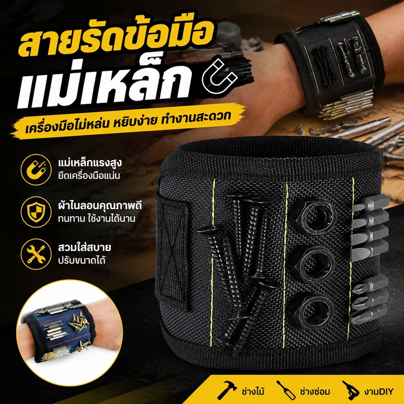 สายรัดข้อมือแม่เหล็กแรงสูง เก็บน็อตตะปูอุปกรณ์ช่าง สายรัดข้อมือแม่เหล็ก ใช้งานสะดวก 2 สี