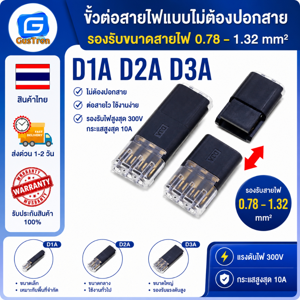 ขั้วต่อสายไฟแบบไม่ต้องปอกสาย D1A D2A D3A รองรับสายไฟขนาด 0.78 – 1.32 mm² แรงดันไฟสูงสุด300V กระแสสูงสุด 10A