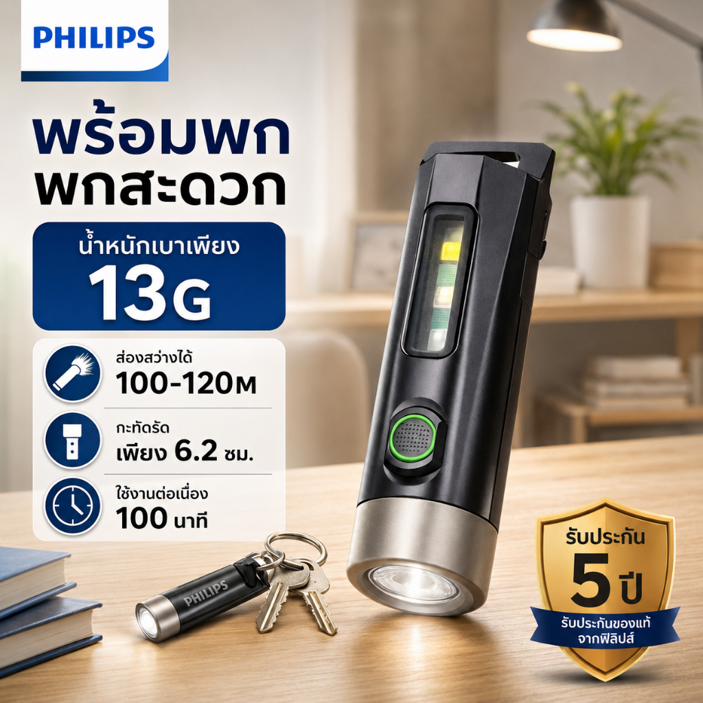 PHILIPS ไฟฉายพวงกุญแจ LED มินิ สีดำ ขนาด 6.2 ซม. น้ำหนัก 13 กรัม ส่องไกล 100-120 ม. ใช้งานต่อเนื่อง 100 นาที