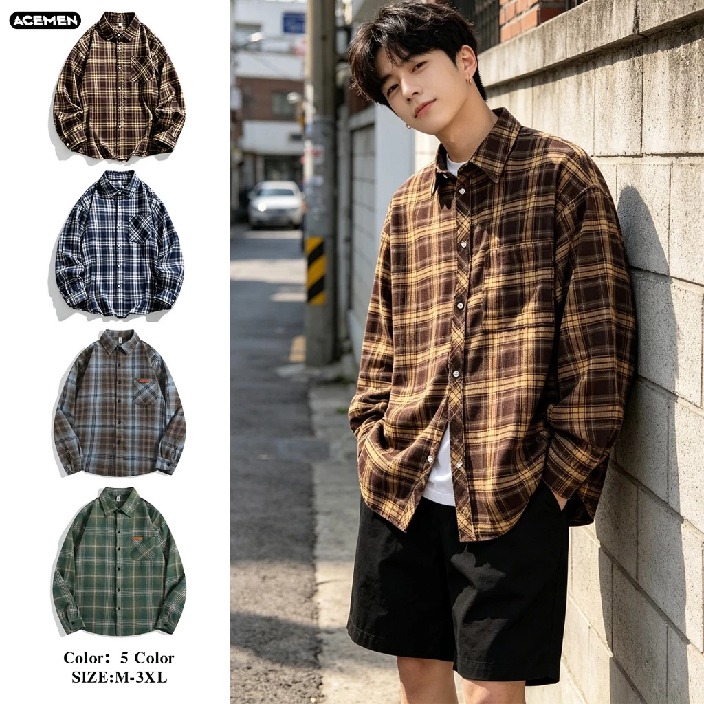 AceMenเสื้อเชิ้ตแขนยาวลําลอง เสื้อเชิ้ตผู้ชาย สไตล์เกาหลี แฟชั่นฤดูร้อน ลายสก๊อต ทรงหลวม คู่รักรุ่นเดียวกัน