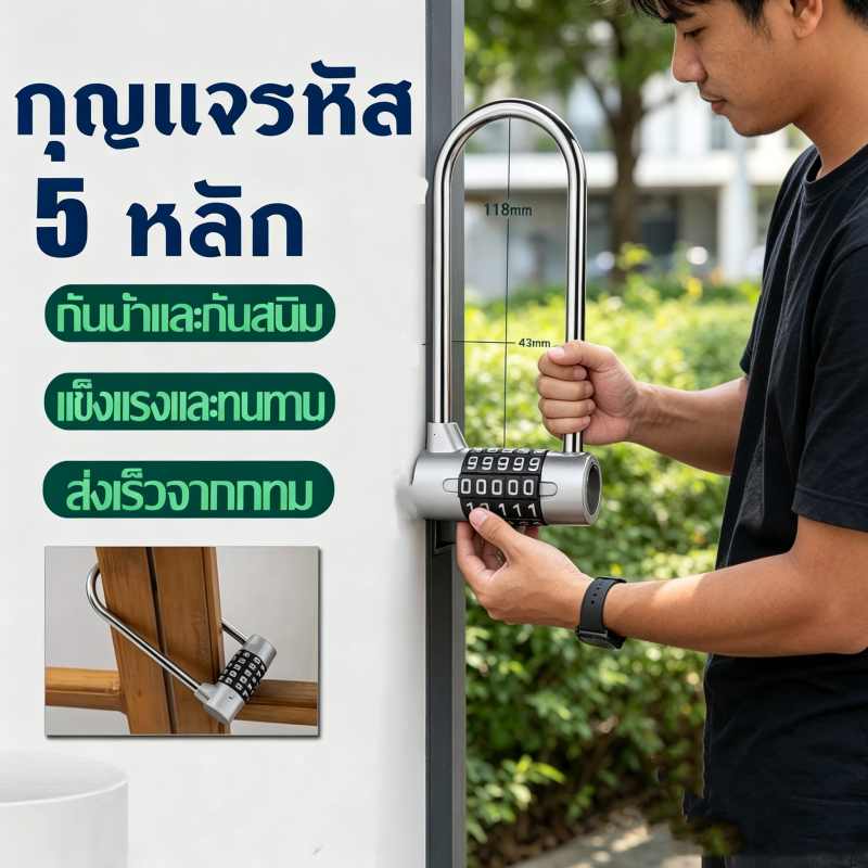 ล็อครหัสผ่าน 5 หลัก ทรงยาวโค้ง ห่วงเหล็กหนา 7 มม. ชุบแข็ง ทนทานใช้งานได้หลากหลาย