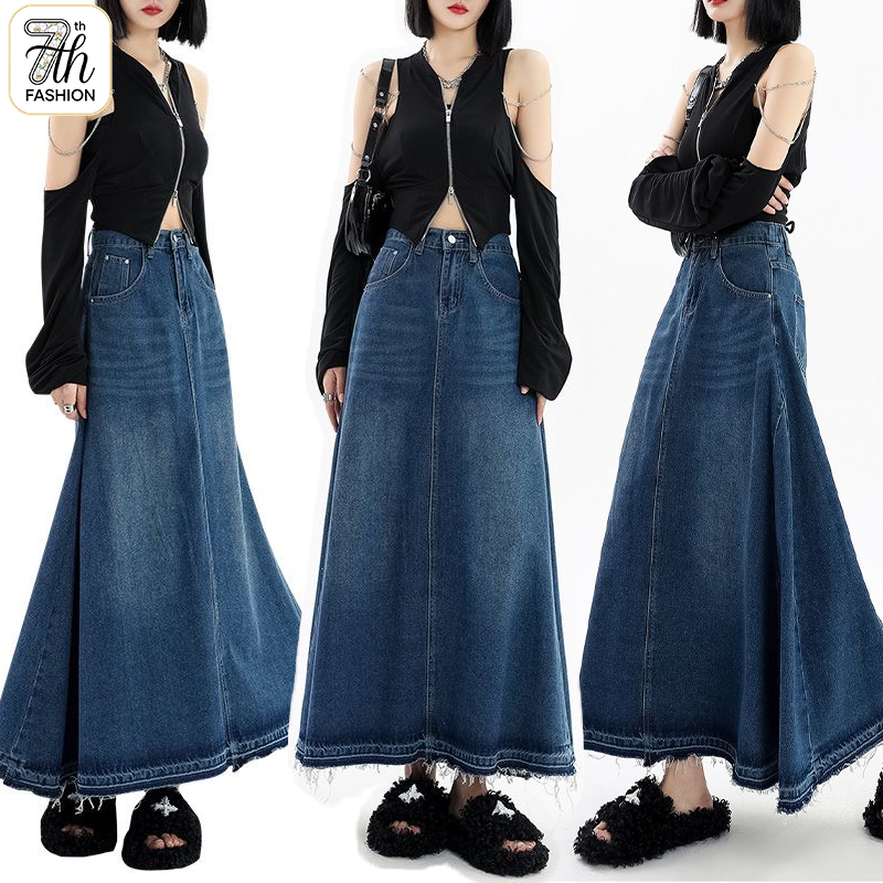 S-5XL กระโปรงยีนส์สีน้ำเงินเข้ม ทรงแมกซี่บาน เอวยางยืดครึ่งเอว ชายกระโปรงขอบดิบ ใส่สบาย ครบทุกขนาด