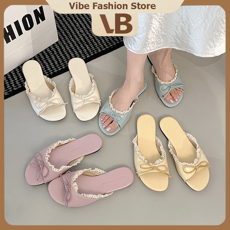 Vibe รองเท้าแตะแฟชั่น รองเท้าแตะสวมโบว์ผูกสุดน่า แบบใหม่แบบสับ สวยติดแกลมมากก