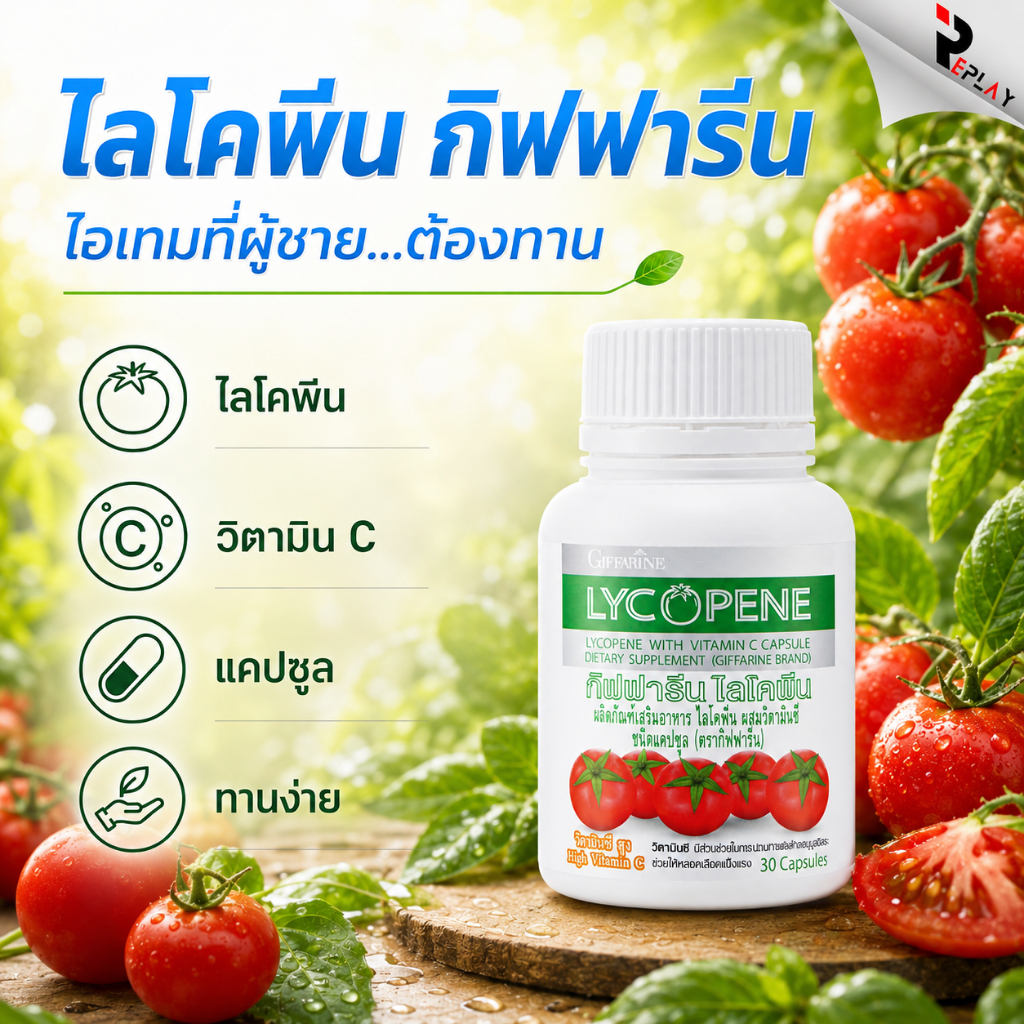 กิฟฟารีน ไลโคพีน Lycopene สารสกัดมะเขือเทศเข้มข้น ผิวขาวอมชมพู กันแดด ลดเสี่ยงต่อมลูกหมากโต