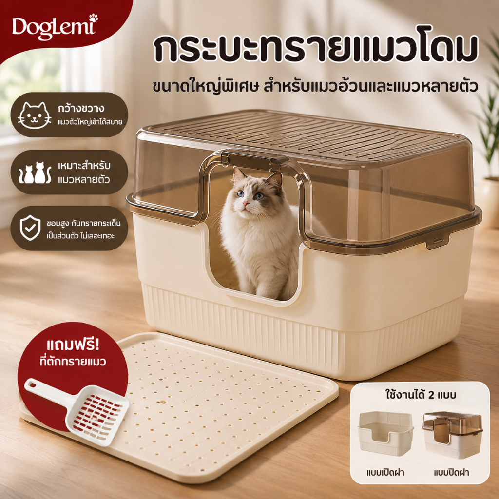 【Doglemi】กระบะทรายแมวขนาดใหญ่พิเศษ ห้องน้ำแมวโดม กันกลิ่น กันทราย พร้อมแผ่นดักทราย สำหรับแมวตัวใหญ่ 1