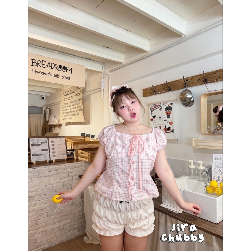 เสื้อลายสก็อต แขนตุ๊กตา สีชมพูน่ารัก