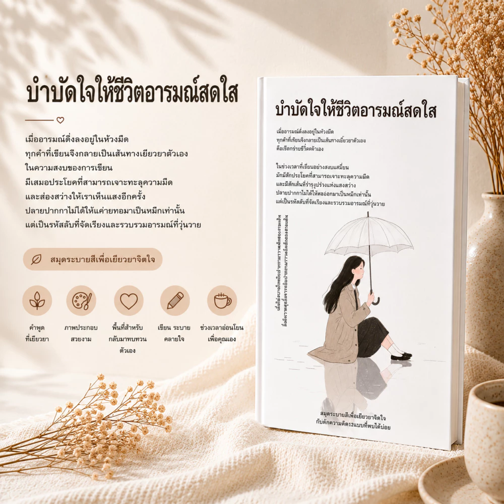 บำบัดใจให้ชีวิตอารมณ์สดใส หนังสือเพื่อการเยียวยาและผ่อนคลายจิตใจ สมุดระบายสี สมุดระบายสีสำหรับผู้ใหญ่ หนังสือภาษาไทย