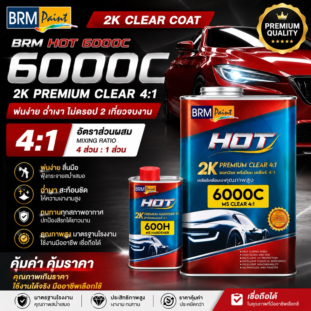 BRM HOT 6000C 2K Premium Clear 4:1 แลคเกอร์เคลือบเงารถยนต์ระบบ 2K คุณภาพสูง