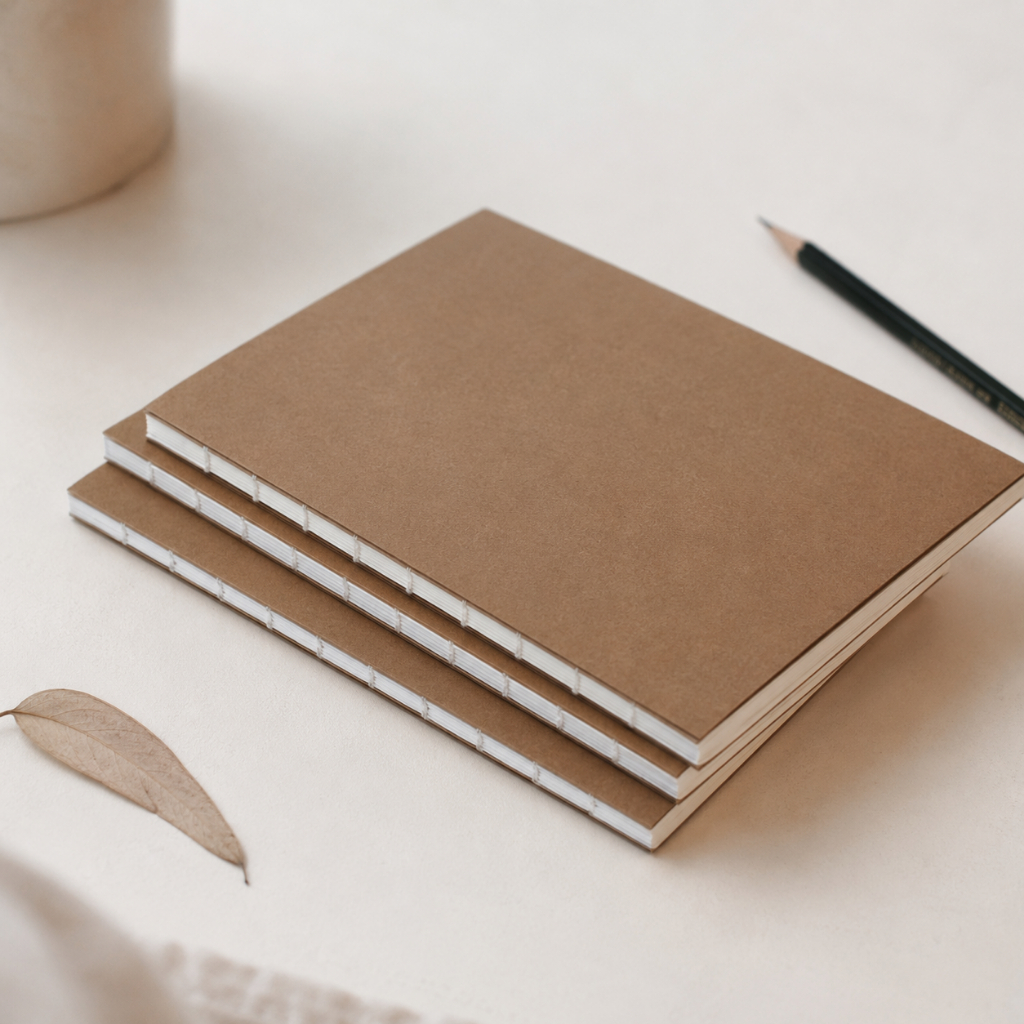 L&L Stroe. สมุดโน๊ต A5 ไม่มีเส้น กระดาษถนอมสายตา ปกน้ำตาล / ดำ เล่มบาง 144 หน้า ทำมือ 100%