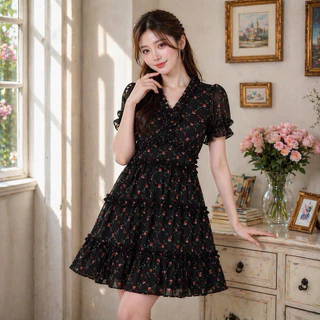 พร้อมส่ง Pretty Dress [รหัสชุดN1] เดรสผ้าชีฟอง แถมเข็มกลัดดอกไม้แขนตุ๊กตา ความยาวชุด 35 นิ้ว