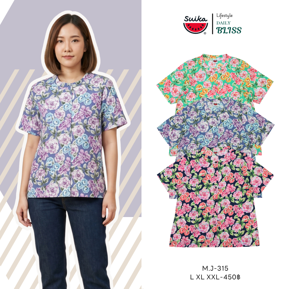 เสื้อแตงโม (SUIKA) - เสื้อแตงโมคอจีนผ่าหน้าแขนสั้นพิมพ์ลายดอกไม้  (M.J-160 315 004)