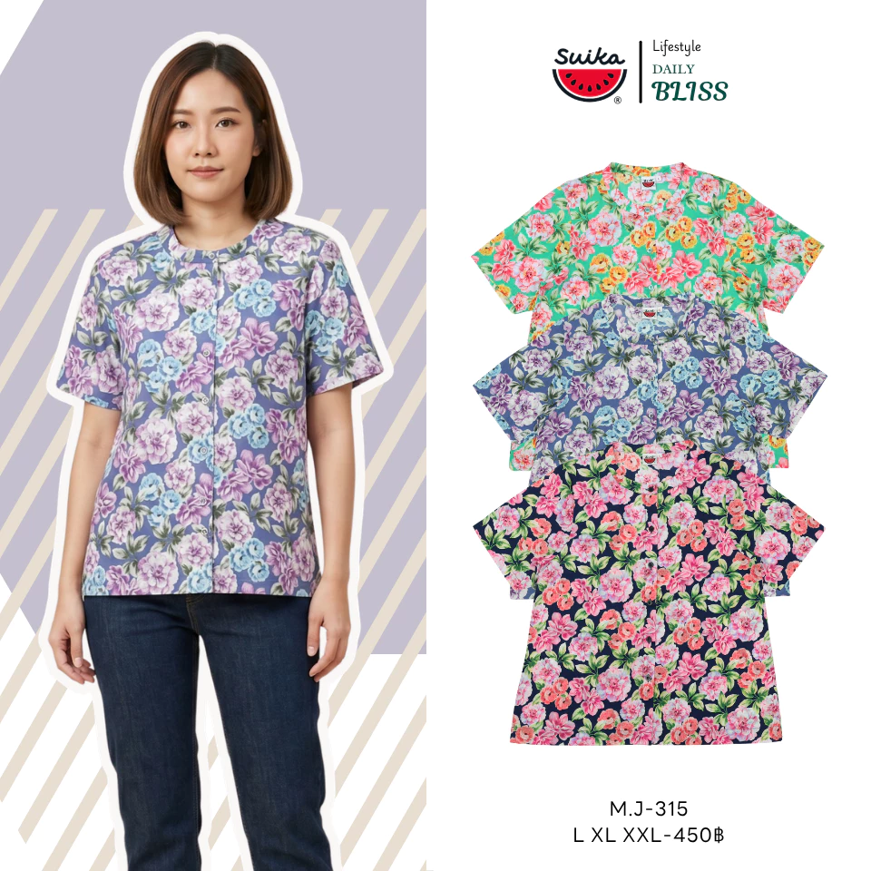เสื้อแตงโม (SUIKA) - เสื้อแตงโมคอจีนผ่าหน้าแขนสั้นพิมพ์ลายดอกไม้ (M.J-160 315 004)