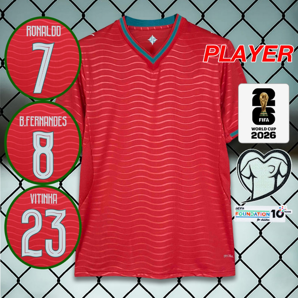 เสื้อฟุตบอล เสื้อเพลเยอร์ทีมชาติ โปรตุเกส เหย้า รุ่นฟุตบอลโลก2026 อาร์มWC/ชื่อเบอร์นักเตะในทีม/ไซส์S-2XL #PY0094