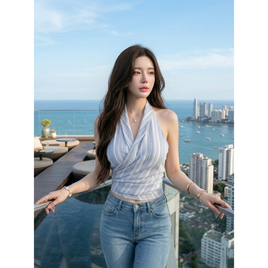 M2153 เสื้อคล้องคอลายริ้วทรงป้ายหน้า สวยแพงในราคาหลักร้อย