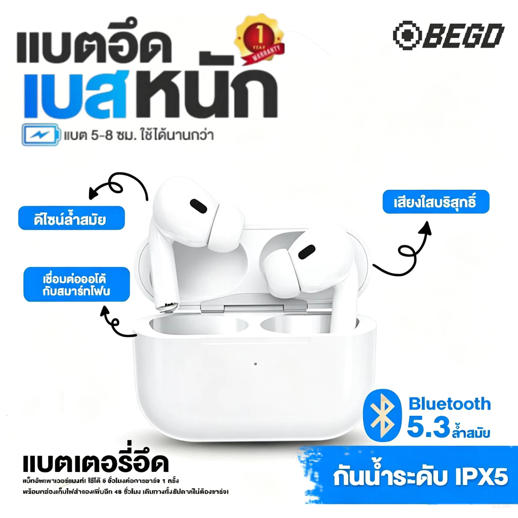 BEGD R6 หูฟัง Bluetooth 5.3 ไร้สาย เชื่อมต่อ 2 อุปกรณ์พร้อมกัน
