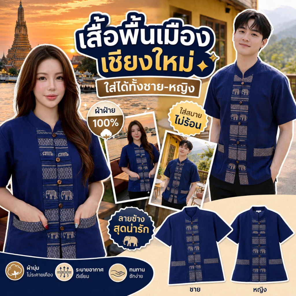 เสื้อคู่ลายช้างผ่าหน้า 7 สี 7 แบบ สวยสไตล์เหนือ