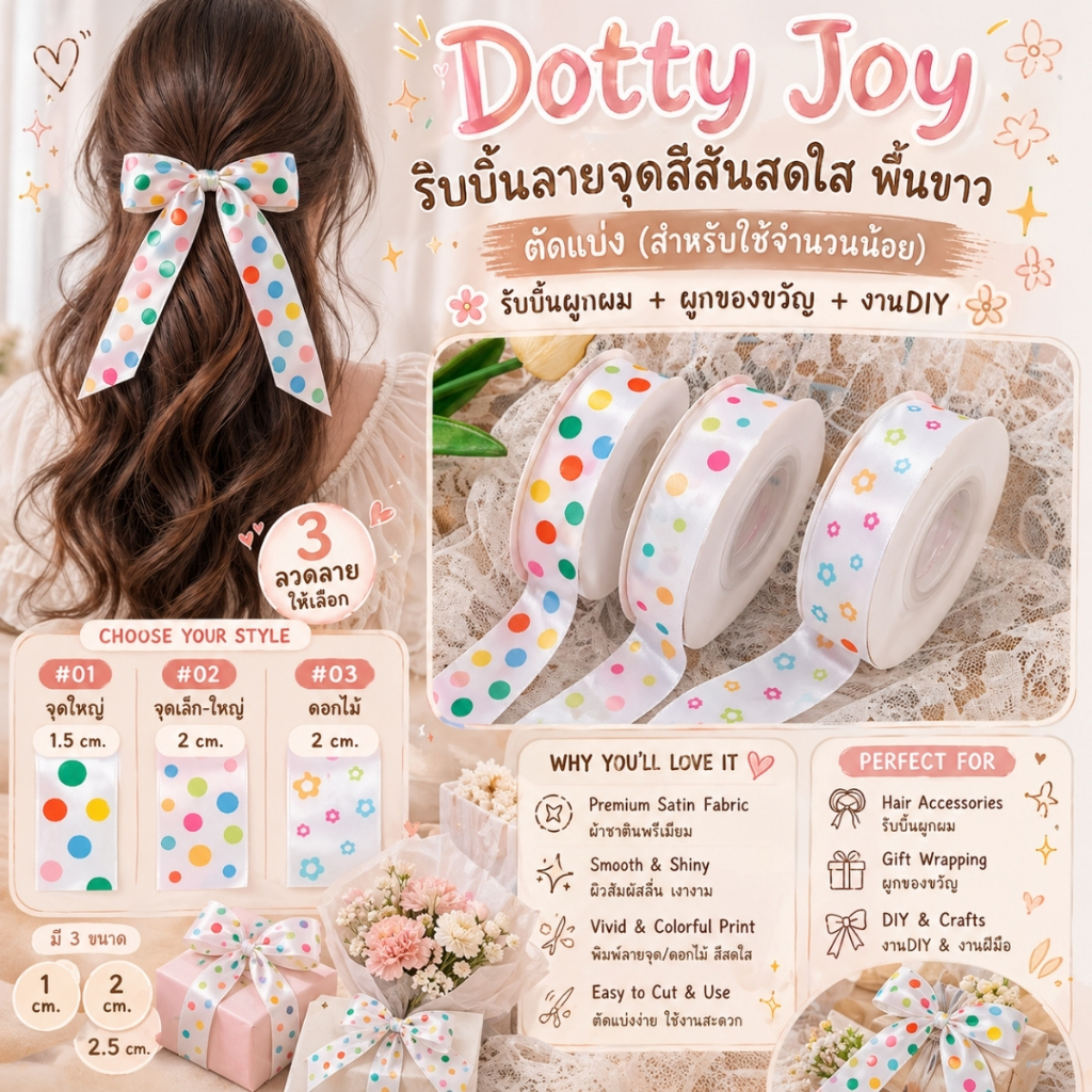 Dotty Joy | ริบบิ้นลายจุดสีสันสดใส พื้นขาว ขนาด 2.5 cm. สำหรับผูกของขวัญ [RBY-0022]