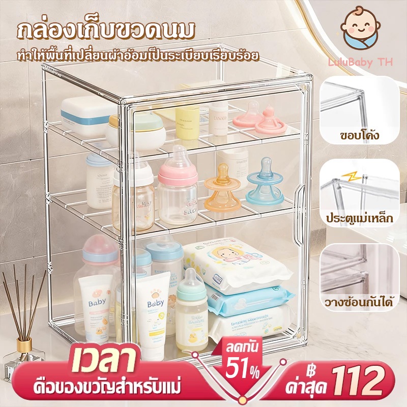 🍼กล่องเก็บขวดนมเด็ก👶กล่องเก็บของใช้เด็ก ความจุขนาดใหญ่ 4 ชั้น เปิดปิดด้วยแม่เหล็ก กล่องเก็บของกันฝุ่นพร้อมฝาปิด