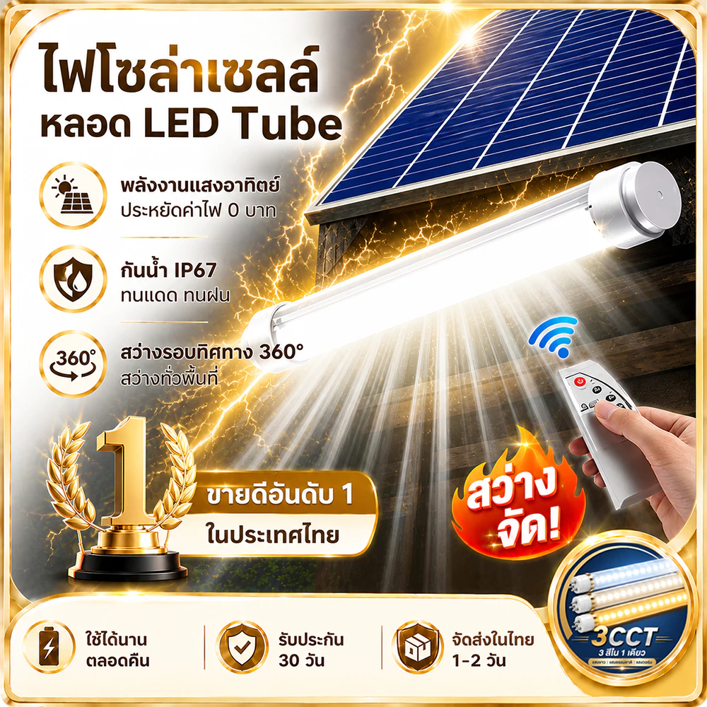【ซื้อ1 แถม1】ไฟโซล่าเซลล์ หลอดไฟโซล่าเซล1000000W ไฟโซล่าเซลล์หลอดยาว IP67กันน้ำกลางแจ้งไฟโซล่าเซลล์ โคมไฟสวน แถบแสง