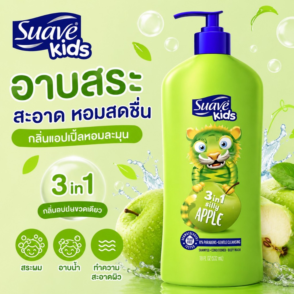 Suave Kids 3-in-1 Head to Toe Wash กลิ่น Silly Apple แชมพู ครีมนวด สบู่อาบน้ำเด็ก