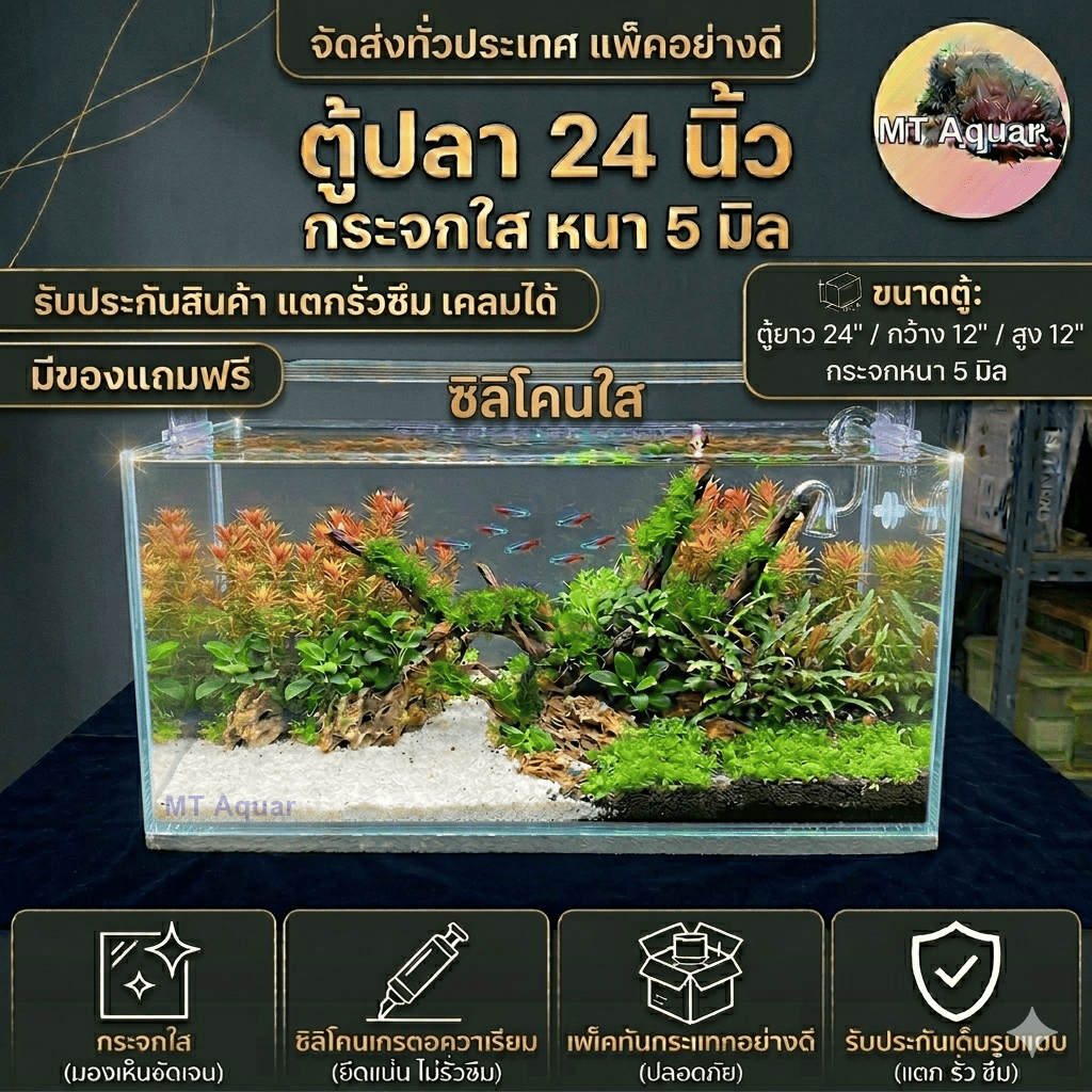 ตู้ปลา 24x12x12 นิ้ว หนา 5 มิล ตู้โล่ง ซิลิโคนใส(เกรดสำหรับตู้ปลาโดยเฉพาะ) มีรับประกันสินค้า แตกเคลมได้