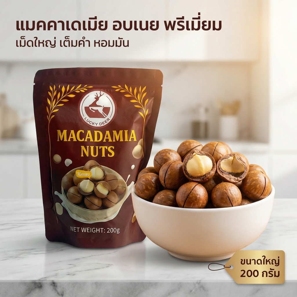 แมคคาเดเมียอบ เกรดพรีเมียม เม็ดใหญ่พิเศษ พร้อมทาน แกะง่ายมีคีมแกะในซอง