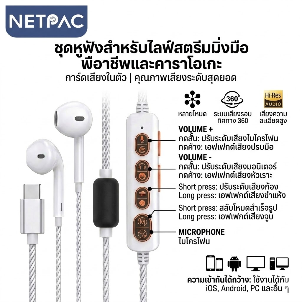 NETPAC H8 การ์ดเสียง Type-C ไลฟ์สด&คาราโอเกะ🎙️เสียงใส คมชัด ไม่ดีเลย์ รองรับหูฟัง/ไมค์（พร้อมส่ง）