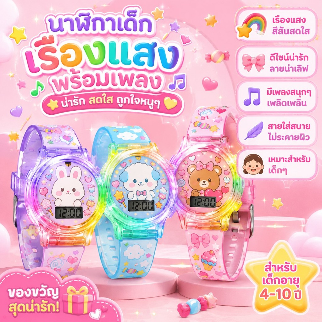 นาฬิกาเด็กมีไฟกระพริบ หมุนได้ มีเสียงเพลง ลายการ์ตูนน่ารัก นาฬิกาข้อมือนักเรียน ของขวัญเด็ก พร้อมส่ง