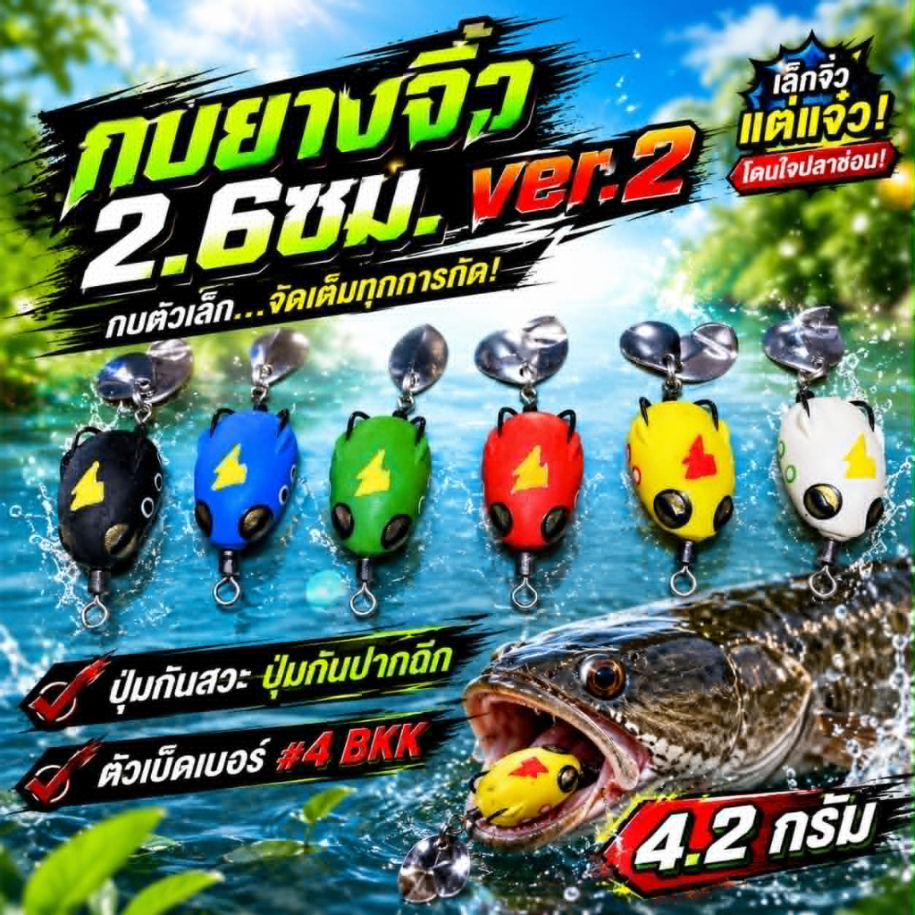 กบยางจิ๋ว 2.6 cm เหยื่อปลอม ตะขอเบอร์ # 4 BKK มีปุ่มกันสวะ มีร่องเก็บคมเบ็ด ตัวสินค้าไม่มีกล่องนะคับ