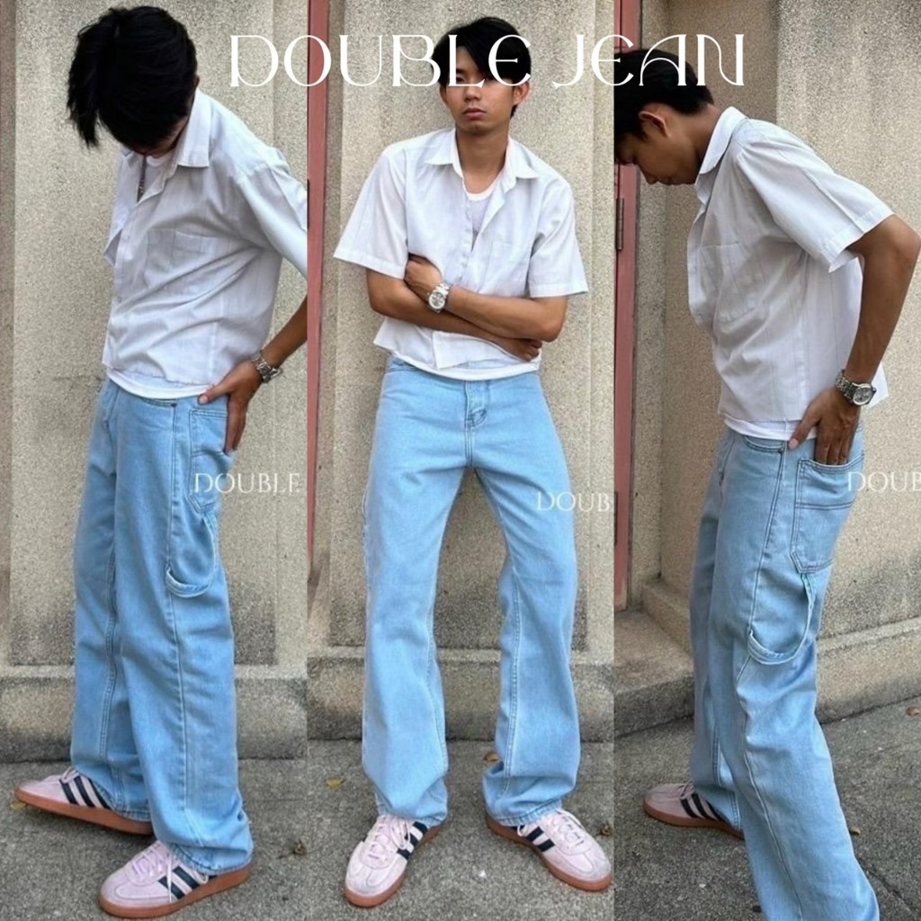 Double - DB04 Cargo Pants กางเกงยีนส์คาร์โก้ขายาวทรงกระบอกสีฟอกบลู