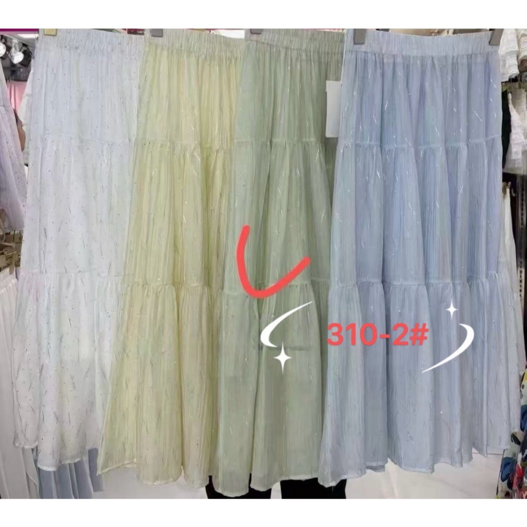310-2 #กระโปรงยาวผ้าไหมแก้วรีดเพชร สกีนลายใบไม้ เนื้อผ้านิ่มใส่สบาย