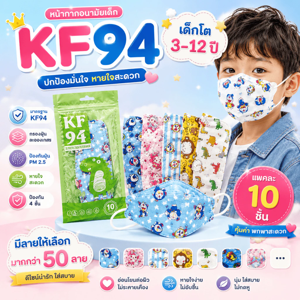 หน้ากากอนามัยเด็กkf อายุ4-12ปี ลายการ์ตูนมีงานซีนและไม่ซี(งานพรีเมี่ยม)1แพค10ชิ้นเป็นลายลิขสิทธิ์แท้100% ส่งจาก กทม.