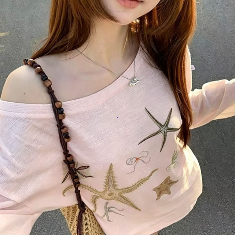COD-เสื้อยืดแขนยาวผู้หญิงฤดูร้อน ดีไซน์ไหล่ลาดลายดาวทะเล ผ้าบางโปร่งป้องกันแดด-สียอดนิยม หลายสี-ขายดี