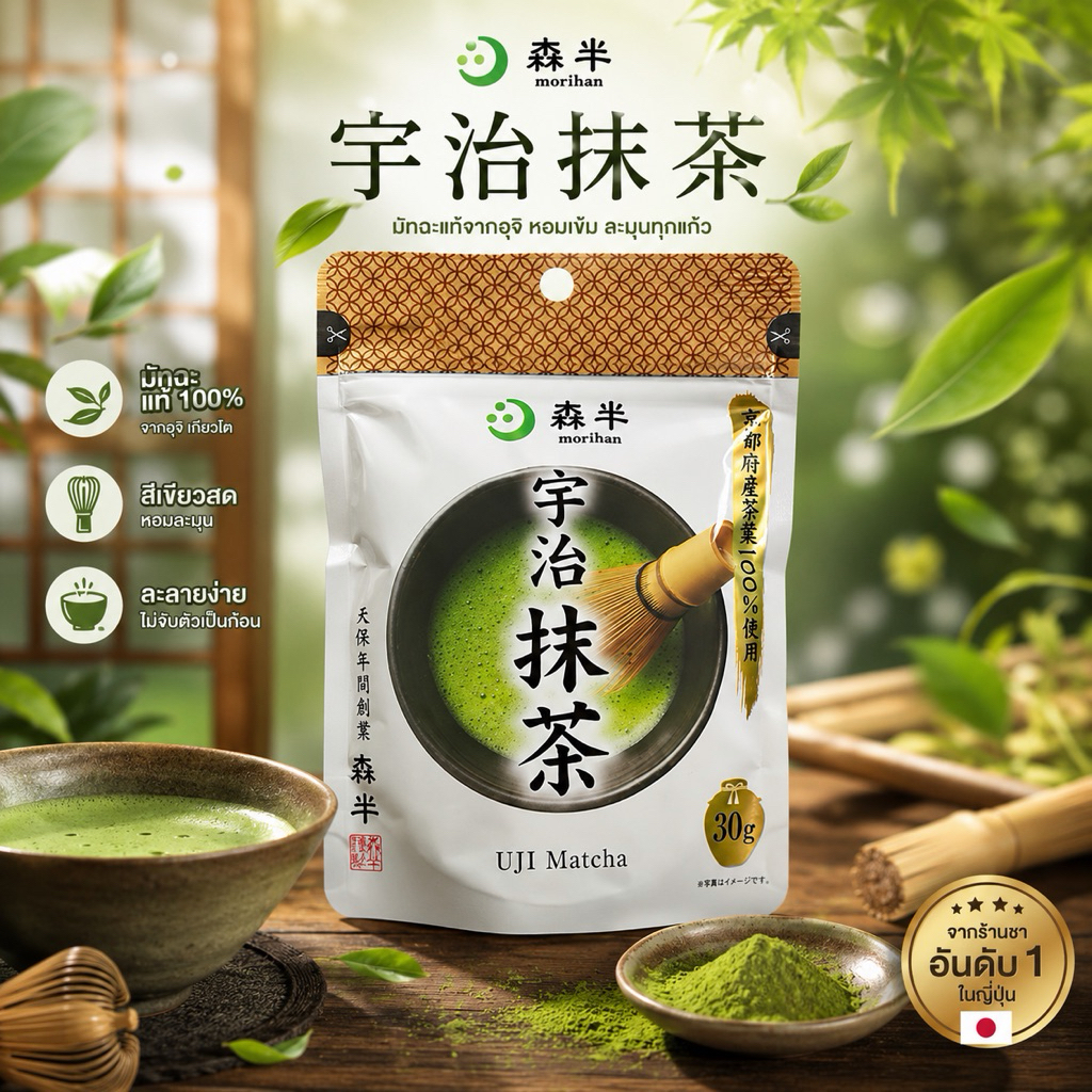 Morihan Uji Matcha Power 30g แพ็คเก็จใหม่ มัทฉะเกรดพรีเมียนโทนสาหร่ายไม่ขมไม่ฝาด