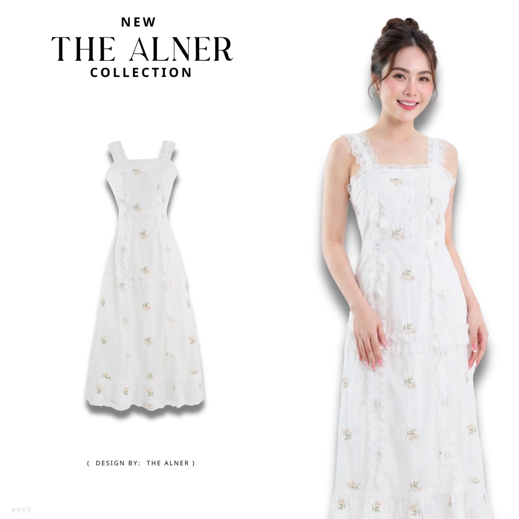 Thealner-AN069 (เดรสขาวสายเดี่ยวปักดอก)