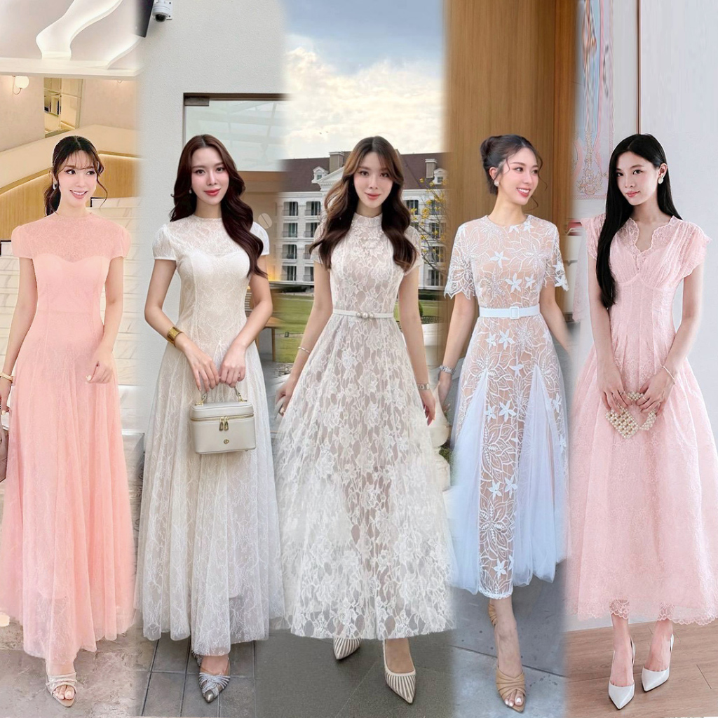 S-XXL✨ชุดลูกไม้สีขาว/ครีม/ชมพู/น้ำตาล/ฟ้า  ชุดทำบุญ ชุดพรีเวดดิ้ง ชุดหมั้น ชุดไปงานแต่ง งานบวช #Abigail