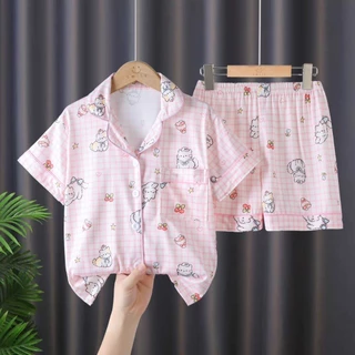 ชุดนอนเด็กคอปกแขนสั้นขาสั้นพิมพ์ลายน่ารัก SIZE110CM-150CM นื้อผ้านุ่มใส่สบาย