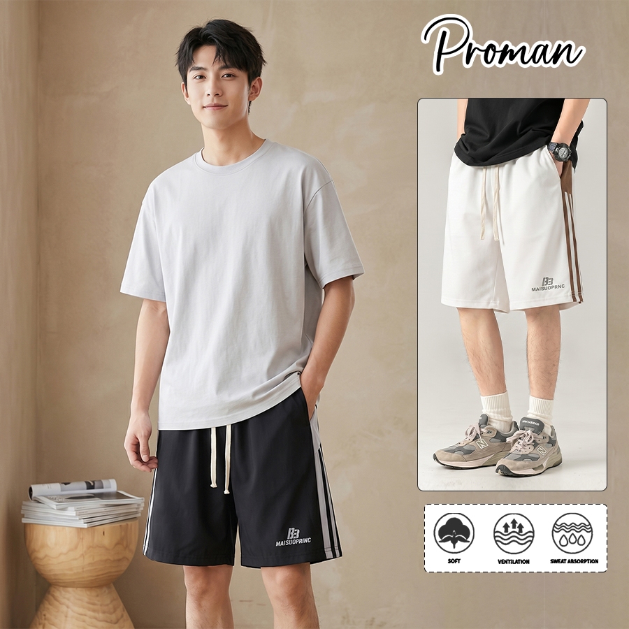 PROMAN กางเกงขาสั้นบาสเกตบอล ลายทาง ทรงหลวม ห้าส่วนลำลอง สำหรับชายและคู่รัก สไตล์กีฬา แมทช์ลุคง่าย
