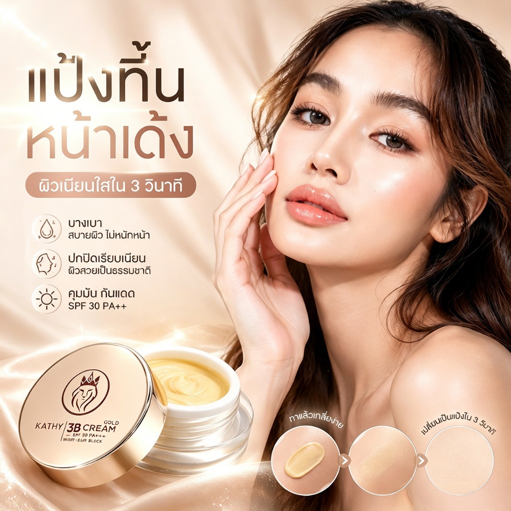 KATHY AMREZ SKIN TINT GLOW 3B CREAM GOLD แป้งทิ้นหน้าเด้ง 3วิกลายเป็นแป้ง ผิวใสไร้ที่ติ คุมมัน กันแดด 5g. พร้อมส่ง