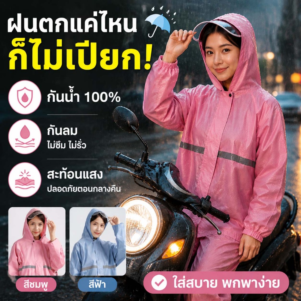 กันน้ำ 100% เสื้อกันฝนผู้ใหญ่ พร้อมหมวกและแถบสะท้อนแสง ชุดเสื้อกันฝนมีเสื้อและกางเกง ขนาด L-4XL