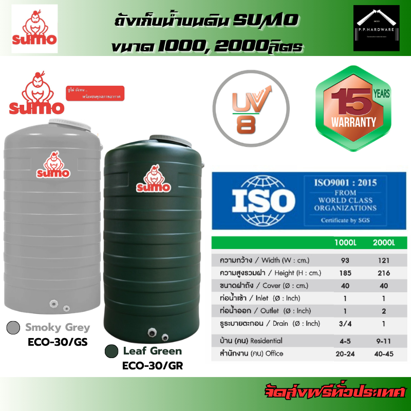 SUMO ถังเก็บน้ำบนดิน SUMO (มี 2 ขนาด) ขนาด 1000, 2000ลิตร ทึบแสง รับประกัน 15 ปี