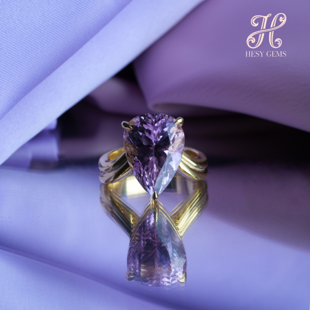 แหวน Kunzite PE 14.6ct ชุบYG Pear Cut Kunzite 14.6 ct Ring, Yellow Gold Plated