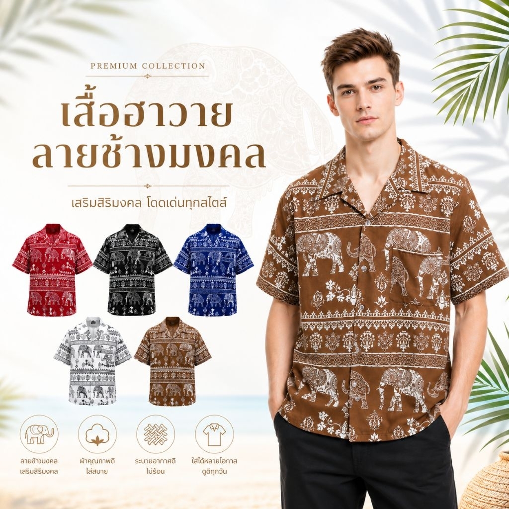 INTER เสื้อฮาวายช้างมงคล ผ้าไหมอิตาลี ผลิตจากไทย(สินค้าไทย)💯